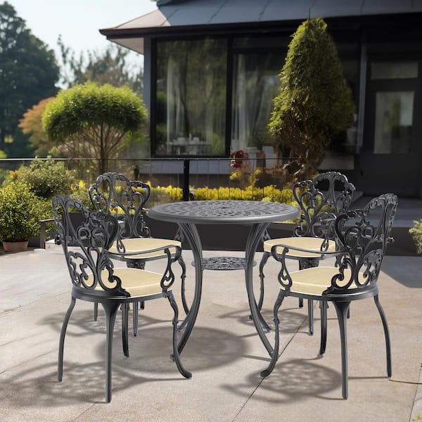 Willit Lily Black 5-Piece Cast Aluminum Outdoor Dining Set with Round Table and Dining Chairs with Random Color Cushion