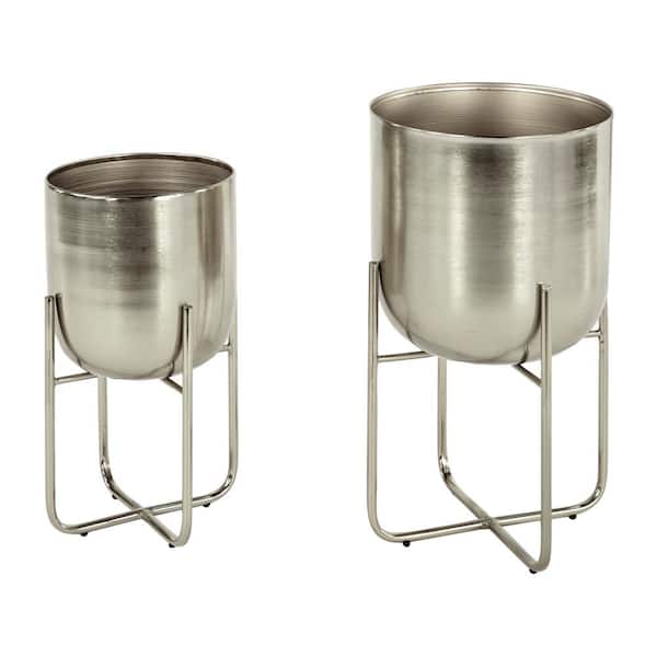 16 in. x 10 in. Silver Metal Contemporary Planter (Set of 2)
