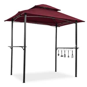 5 ft. x 8 ft. Steel Burgundy Double Soft Top Canopy Outdoor BBQ Gazebo with Hooks and Bar