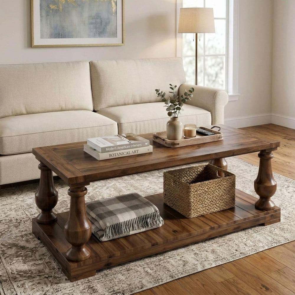 Farmhouse 42 in. Walnut Rectangle 100% Solid Pine Wood Coffee Table with Open Shelf, Solid Pine Wood Turned Legs