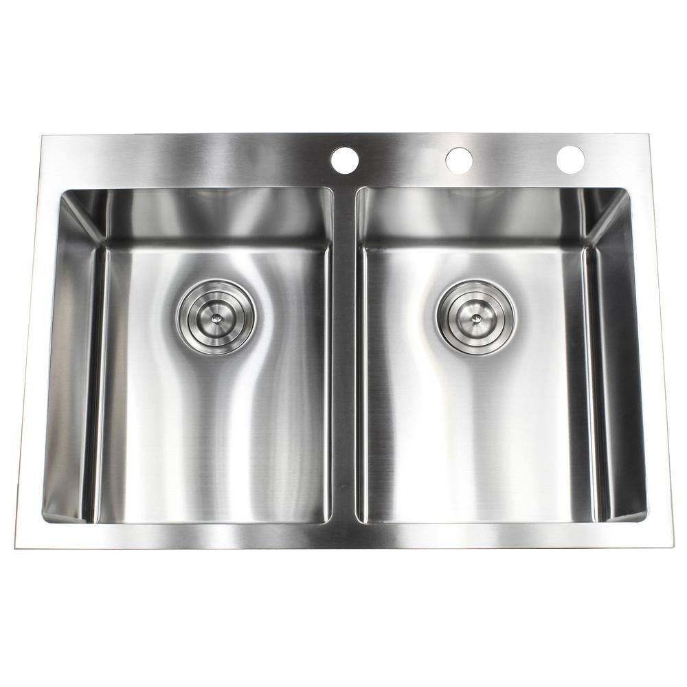 Drop In Top Mount 16 Gauge Stainless Steel 33 In X 22 In X 10 In 50 50 Double Bowl Kitchen Sink Rt3322 5050 The Home Depot
