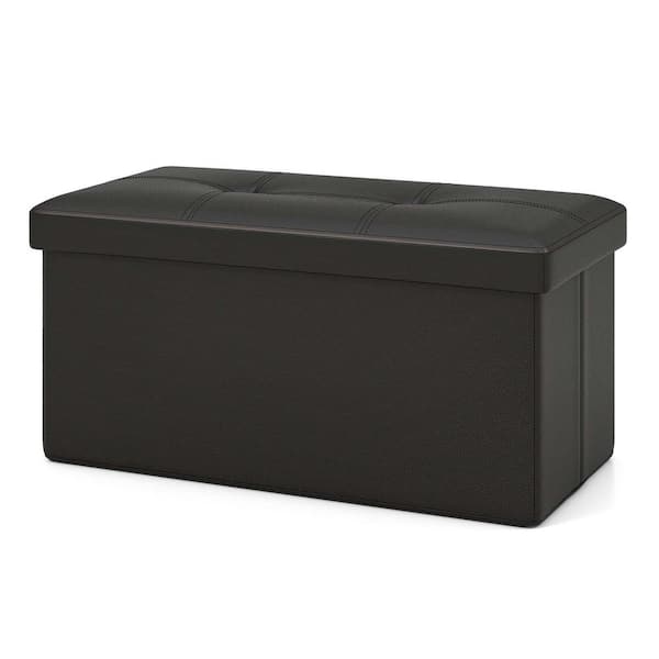 Costway Black Rectangle Folding Storage Ottoman Upholstered Footstool PVC Leather 22.5 Gallon