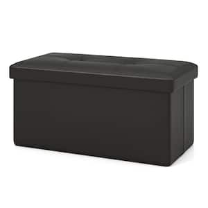 Black Rectangle Folding Storage Ottoman Upholstered Footstool PVC Leather 22.5 Gallon