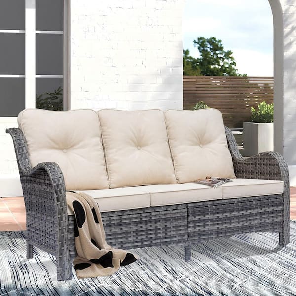 Gray Wicker 3-Seat Outdoor Patio Sofa Sectional Couch with Light Beige Cushions