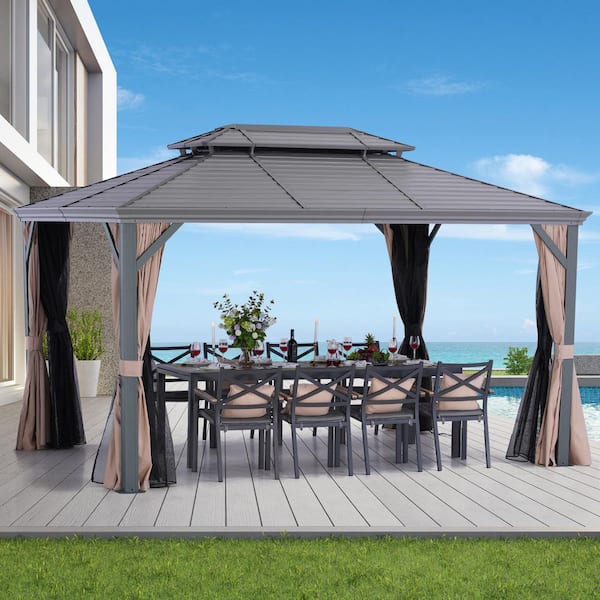 10 ft. x 13 ft. Light Gray Aluminum Hardtop Gazebo with Double Roof Canopy, Beige Curtains and Netting