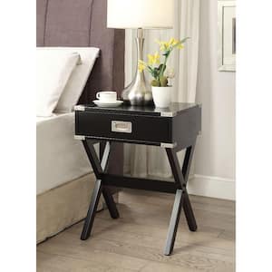 16 in. W Black Square Wood End Table/Nightstand with Storage Drawer, Metal Corner Strapping and Flush Mount Drawer Pull