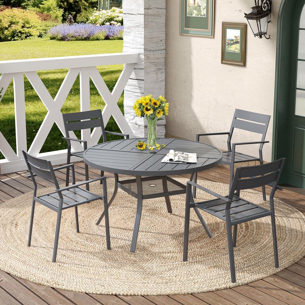 5-Piece Metal Outdoor Patio Dining Set with 40.6 in. Grey Round Slatted Table and 4 Grey Stackable Dining Chairs price history on PriceWatchPro