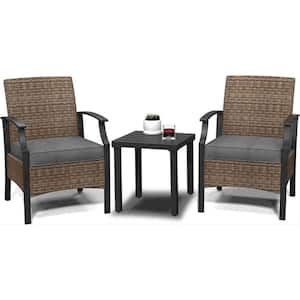 3-Piece Wicker Patio Conversation Set Outdoor Sectional Seating Side Table Set with Grey Cushions