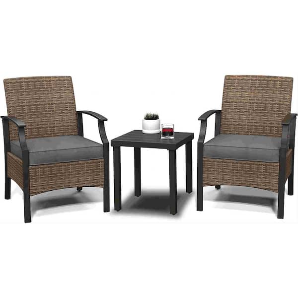 Mondawe 3-Piece Wicker Patio Conversation Set Outdoor Sectional Seating Side Table Set with Grey Cushions