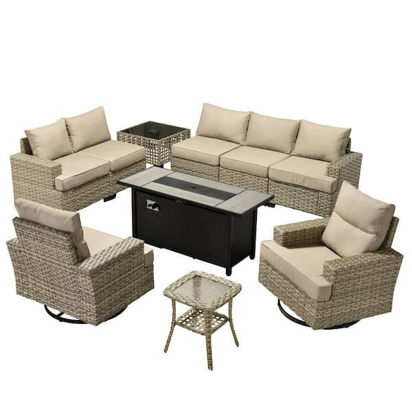 Novique 10-Pieces Wicker Rectangular Fire Pit Sets and Swivel Rocking Chairs with Beige Cushion