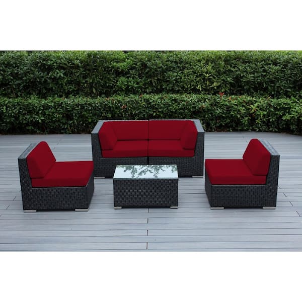 Ohana Depot Ohana Black 5-Piece Wicker Patio Seating Set with Supercrylic Red Cushions