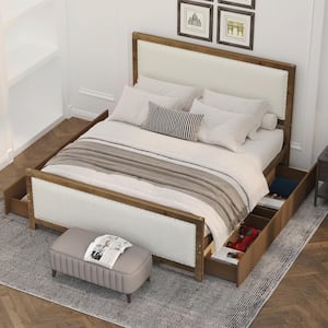 Beige Wood Frame Full Linen Upholstered Platform Bed with 4-Storage Drawers, Center Support Legs, Nailhead Decoration