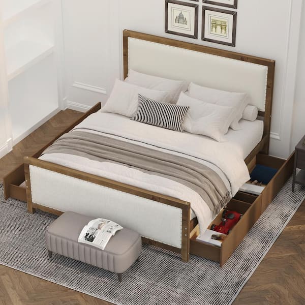 Harper & Bright Designs Beige Wood Frame Full Linen Upholstered Platform Bed with 4-Storage Drawers, Center Support Legs, Nailhead Decoration