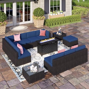 Dark Brown Rattan Wicker 10 Seat 13-Piece Steel Outdoor Fire Pit Patio Set with Blue Cushions,Rectangular Fire Pit Table