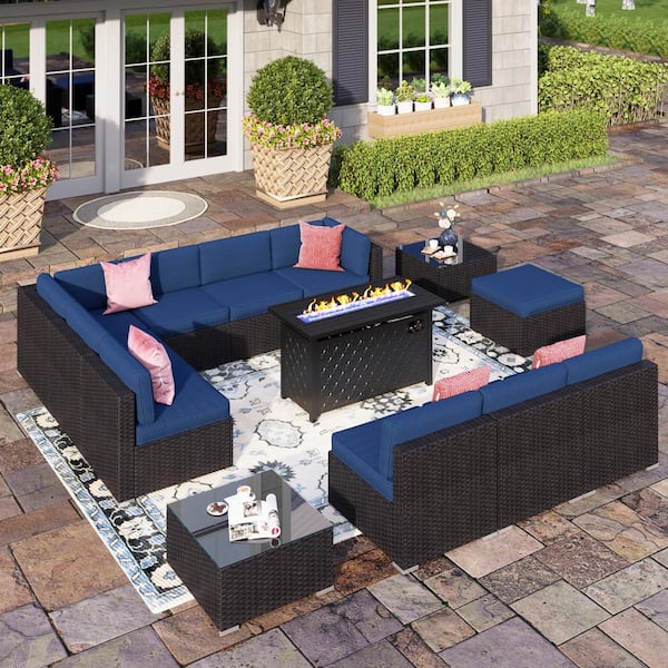 PHI VILLA Dark Brown Rattan Wicker 10 Seat 13-Piece Steel Outdoor Fire ...