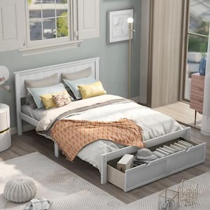 Modern White Wood Frame Full Size Platform Bed with Headboard and 2 Under-Bed Drawers