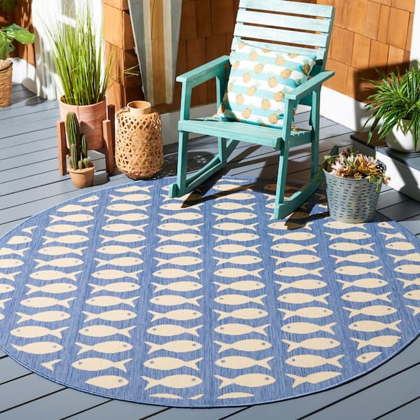 Courtyard Blue/Beige 4 ft. x 4 ft. Geometric Fish Indoor/Outdoor Round Area Rug