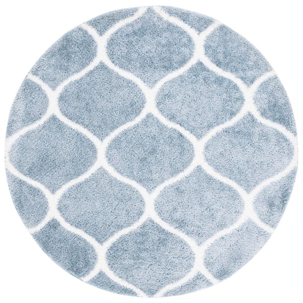 Tahoe Shag 7 ft. x 7 ft. Blue/White Trellis Modern Round Area Rug
