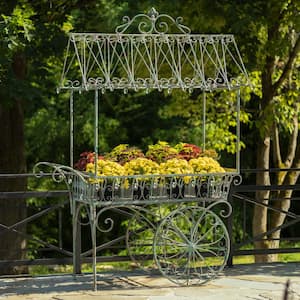 67 in. Antique Green Iron Flower Cart with Roof and Wheels Paris 1968