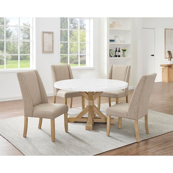 Best Quality Furniture Austin 5-Piece White Faux Marble Top Wood Rustic Beige Base Dining Set with 4 Beige Chairs