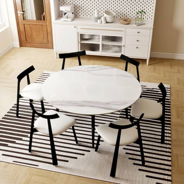 59.05 in. Modern Round Dining Table White Sintered Stone Tabletop Dining Table with Solid Black 4 Legs (Seat 8)