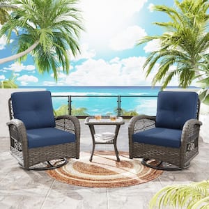 3-Piece Wicker Outdoor Rocking Chair Patio Conversation Set Swivel Chairs with Blue Cushions and Side Table