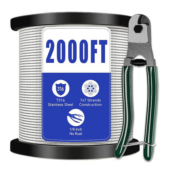 Afoxsos Stainless Steel Cable Railing 1/8 in. 7 x 7 Strands Construction with Cutter 2000 ft. Roll for Deck and Projects