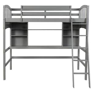 Gray Twin Size Loft Bed with Storage Shelves and Desk