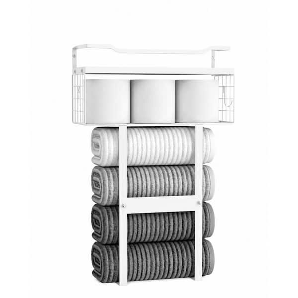 Wall Mounted Towel Rack for Bathroom with Rolled Towel Shelf and Basket, All White Wood and Metal Storage