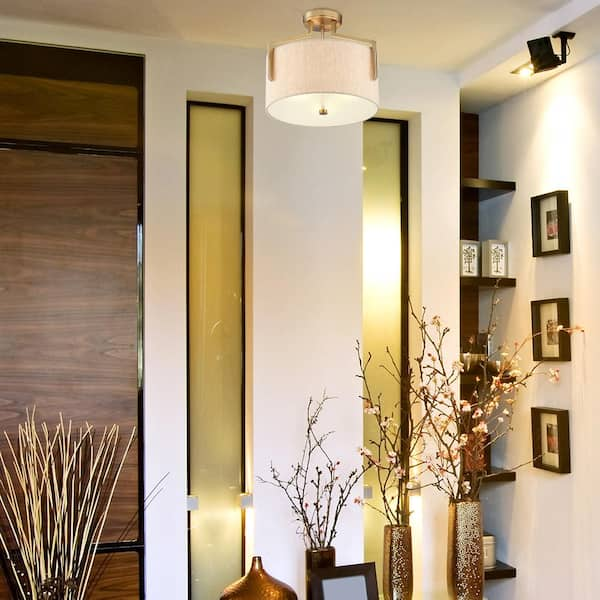 15 in. Elara 3-Light Brushed Gold Ceiling Light Semi Flush Mount