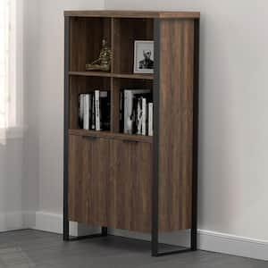 Pattinson 35.5 in. Tall Aged Walnut and Gunmetal Wood 2-Door Rectangle Bookcase