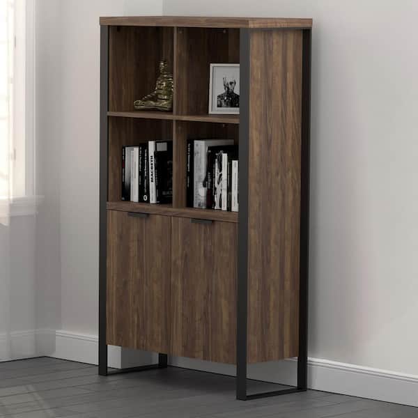 Coaster Pattinson 35.5 in. Tall Aged Walnut and Gunmetal Wood 2-Door Rectangle Bookcase