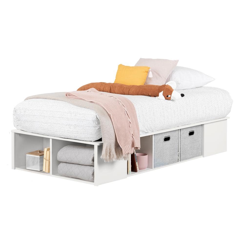 Twin White Wood Platform Bed with Storage Baskets