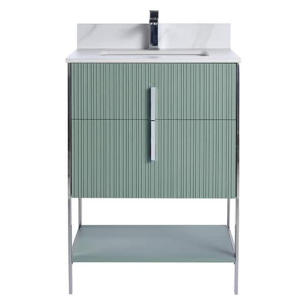 FINE FIXTURES 24 in. W x 18 in. D x 33.5 in. H Mint Green Bath Vanity with White Carrara Sintered Stone Top with Chrome Hardware