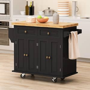 Black Solid Wood Kitchen Cart with Spice Rack, Towel Rack and 2- Drawers