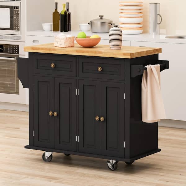Staykiwi Black Solid Wood Kitchen Cart with Spice Rack, Towel Rack and 2- Drawers