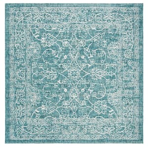 Courtyard Turquoise 8 ft. x 8 ft. Border Floral Scroll Indoor/Outdoor Patio  Square Area Rug