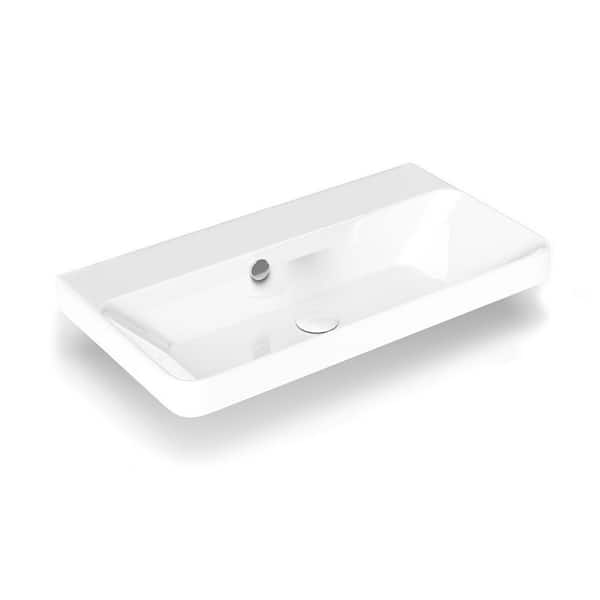 WS Bath Collections Luxury 70 Wall Mount/Drop-In Rectangular Bathroom Sink in Ceramic White without Faucet Hole