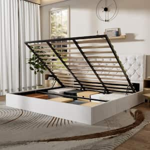 White Frame King Size Upholstered Platform Bed with Lift-Up Storage Supported by Metal and Wooden Slats