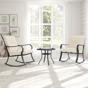 3-Piece Metal Frame Outdoor Bistro Set 2 Rocking Chairs with White Cushions and Tempered Glass Side Table