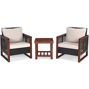 Black Frame 3-Piece Patio Rattan Wicker Square 19 in. Outdoor Bistro Set with Beige Cushions