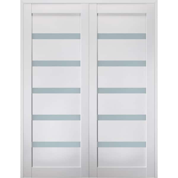 Belldinni Leora 56 in. x 80 in. Both Active 5-Lite Frosted Glass Bianco Noble Wood Composite Double Prehung French Door