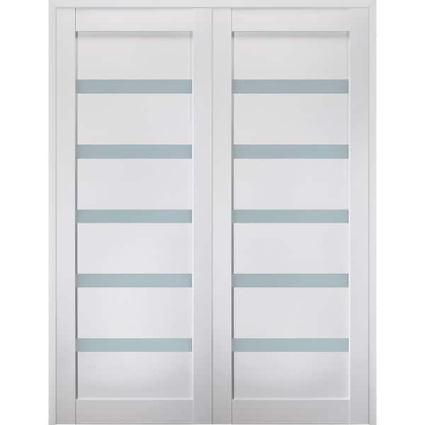 Belldinni Leora 60 in. x 80 in. Both Active 5-Lite Frosted Glass Bianco Noble Wood Composite Double Prehung French Door