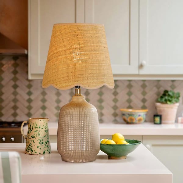 18.9 in. Light Camel Ceramic Table Lamp with Rattan Lace Shade
