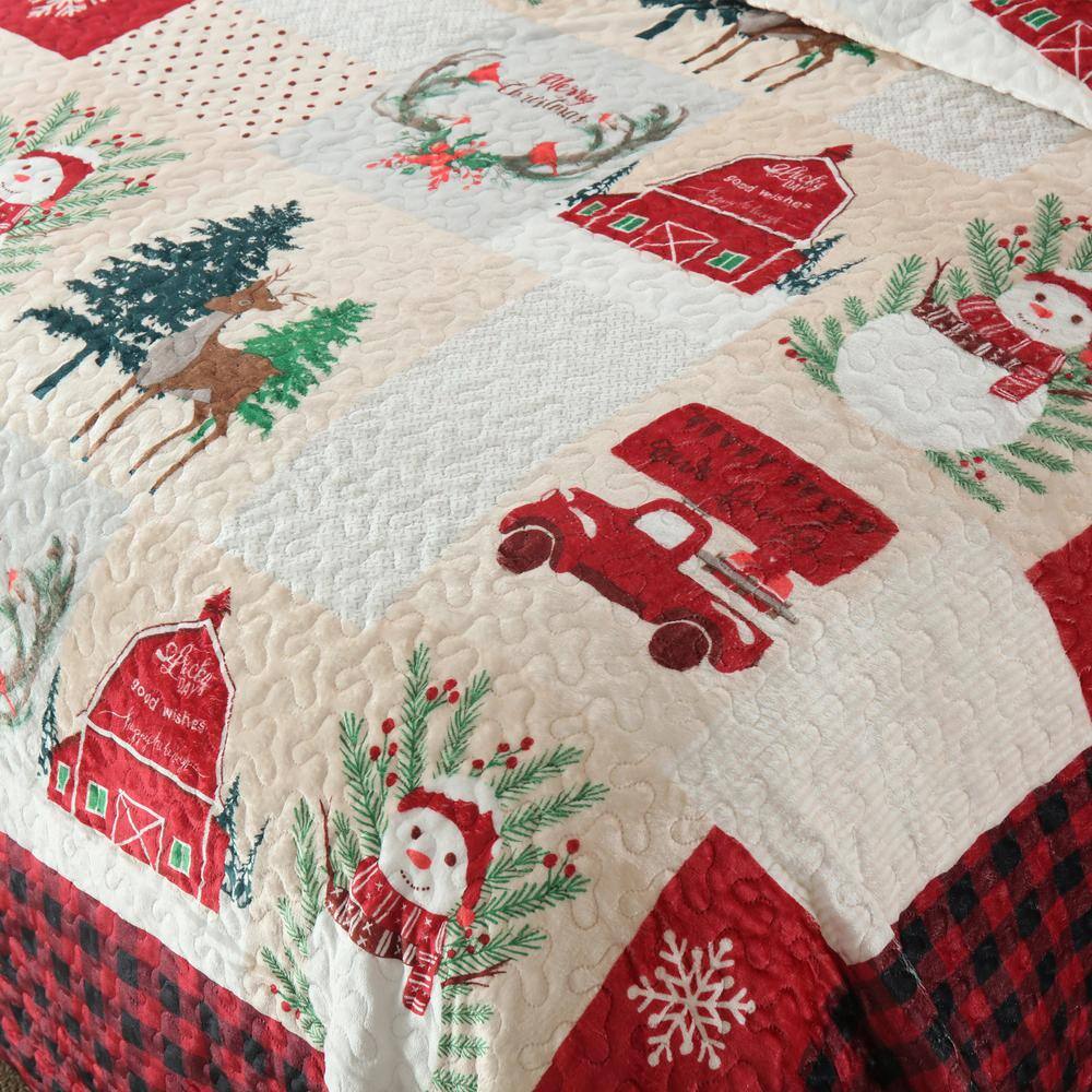 Queen Red Velvet Reversible Christmas Quilt Set