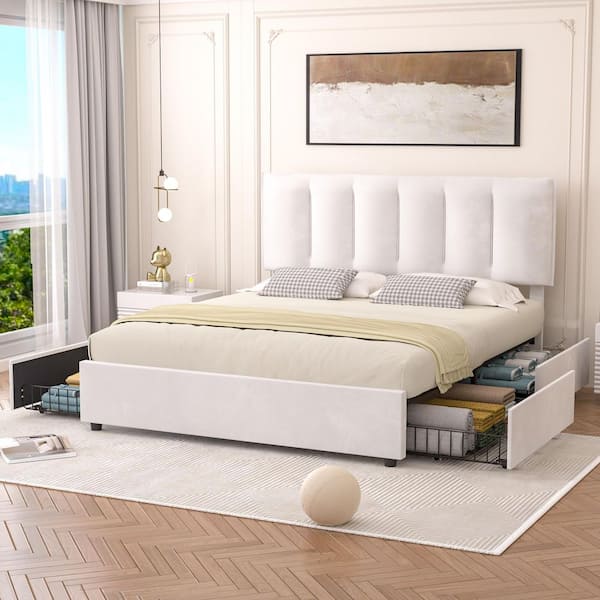 Upholstered Bed Frame White Queen Metal Frame With 4-Storage Drawers and Adjustable Headboard Platform Bed Frame