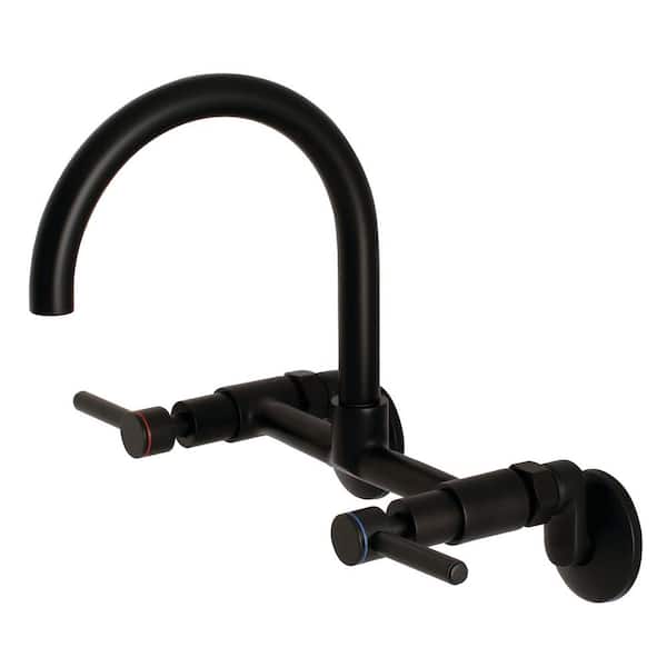 Kingston Brass Adjustable Center 2-Handle Wall-Mount Standard Kitchen Faucet in Matte Black