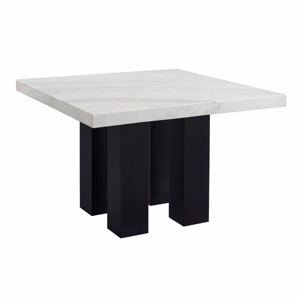 Camila White Marble Top Square Dining Set with Silver Faux Leather Chairs