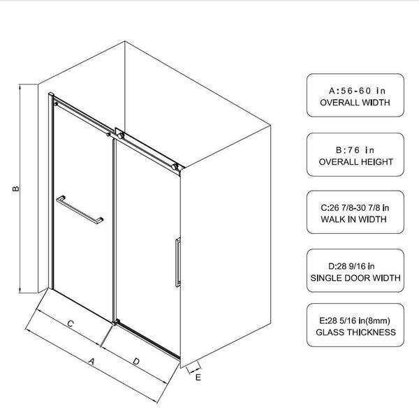 MEDUNJESS Aaby 56-60 in. W x 76 in. H Sliding Frameless Shower Door in Nickel with 5/16 in. (8 mm) Clear Glass