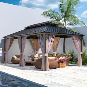 12 ft. x 18 ft. Brown Extra-Large Hardtop Patio Gazebo with Double Roof, with Breathable Netting and Privacy Sidewalls